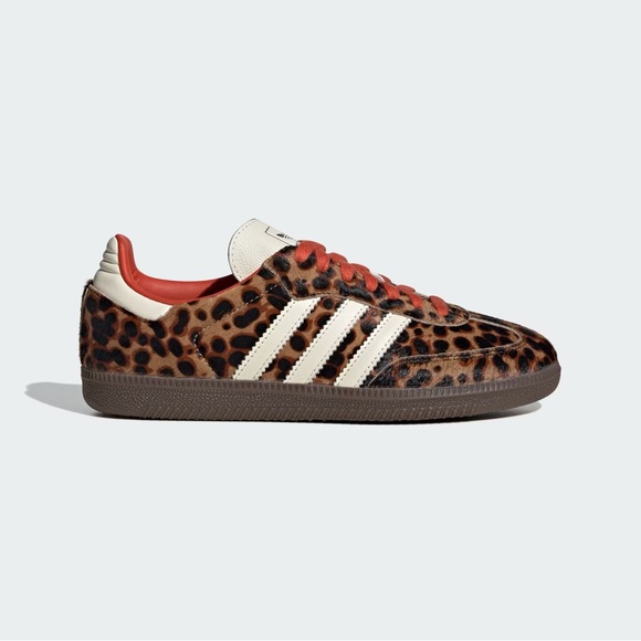 adidas Leopard Print Samba Sneakers with Cream Stripes and Red Accents - Picture 2 of 11